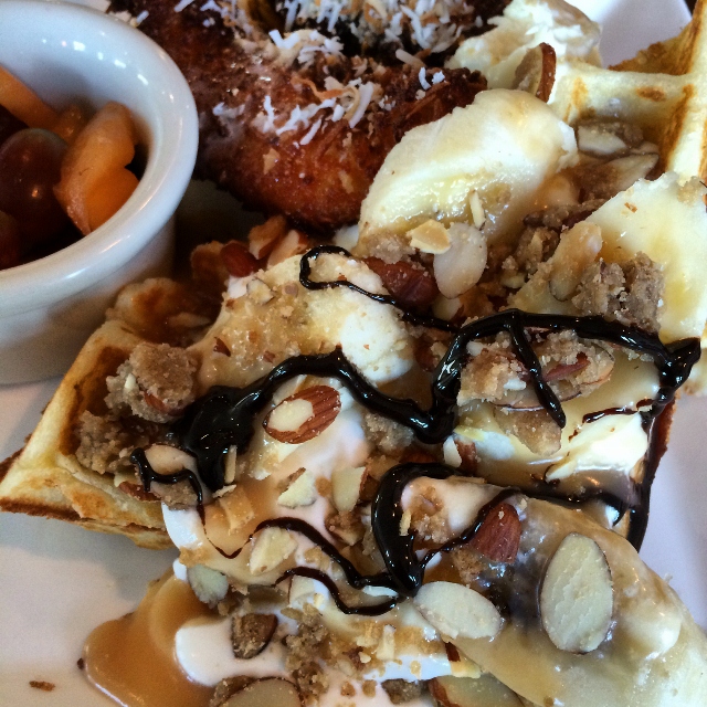 The amazingly delicious 1/2 Fried Chicken Waffle  1/2 Banana Chocolate Crunch