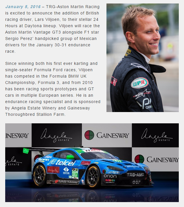 Lars Viljoen Part Of International TRG Aston Martin Racing Lineup for Rolex 24 Hours at Daytona – TRG AMR North America LLC