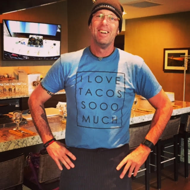 Celebrated wine country chef, Andrae Bopp, about to cook up a storm of Mexican goodness in his ultra-cool taco tee. 